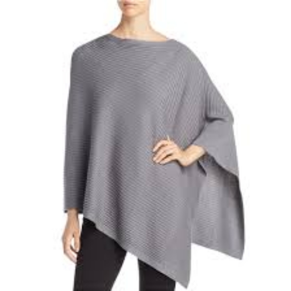 Eileen Fisher Gray Ribbed Asymmetric Poncho, One Size